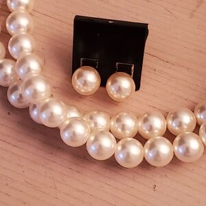 SETA Double Shimmering Faux Pearl Strand Necklace & Stud Earrings NEW